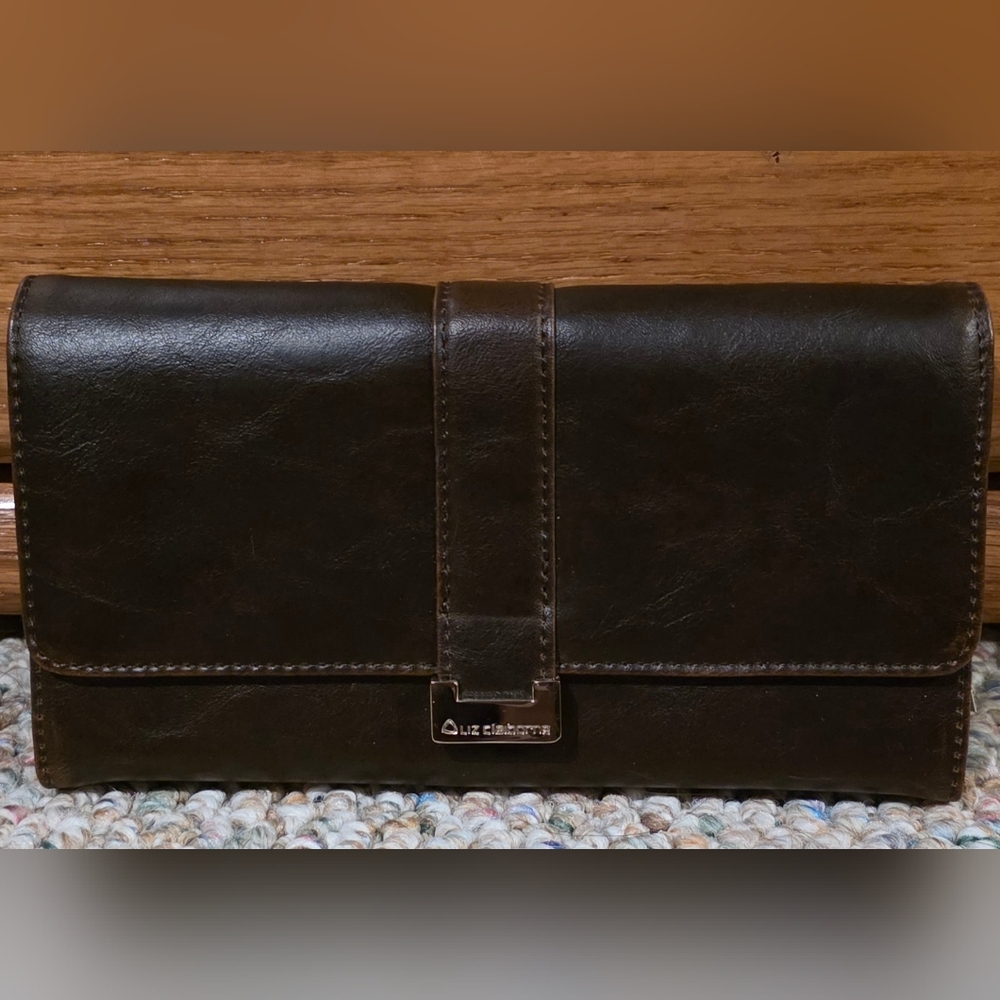 Liz Claiborne Brown Leather Tri-Fold Wallet with Checkbook Insert and Calculator